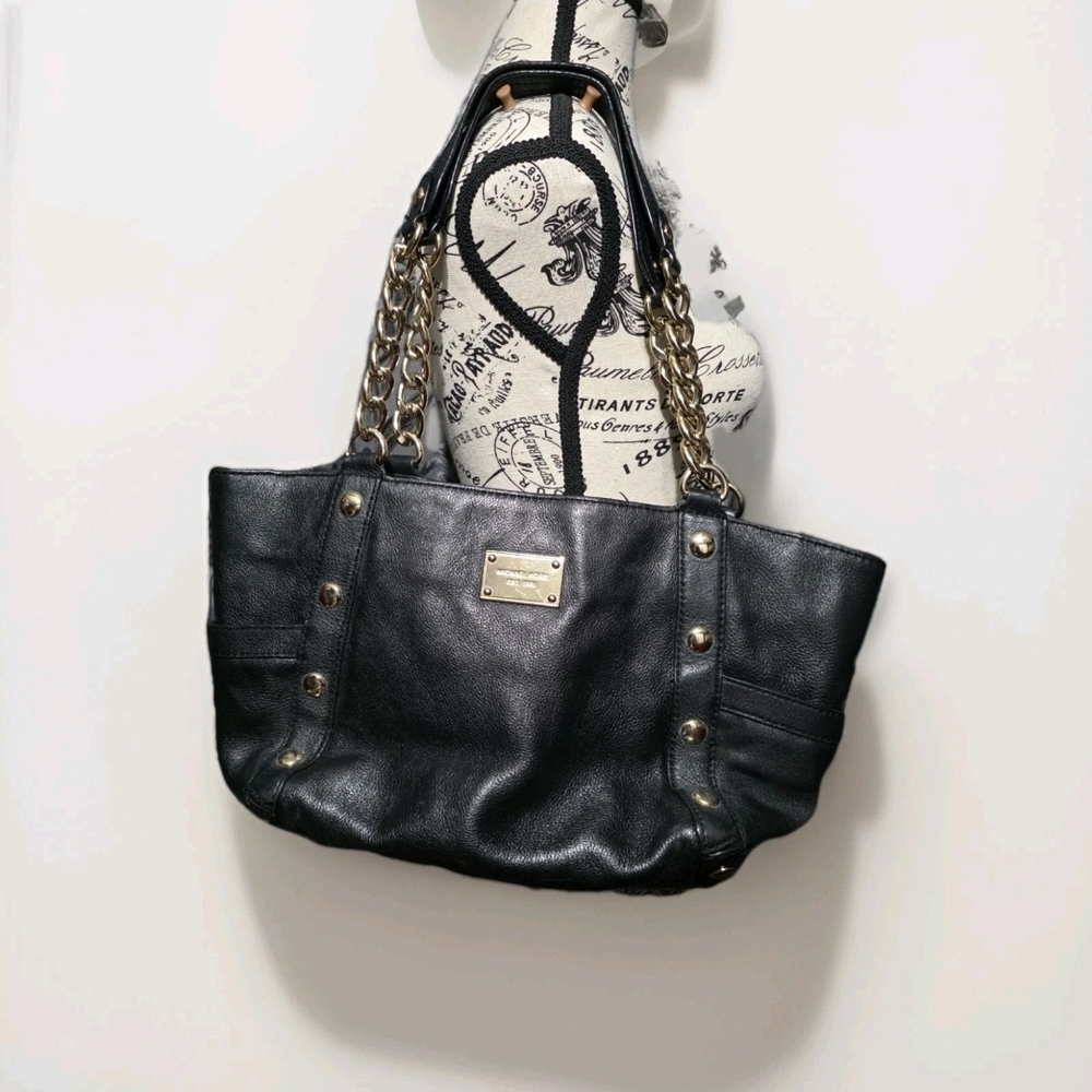 Michael Kors Black Leather Gold Tote Handbag Purse Large Studded Chain